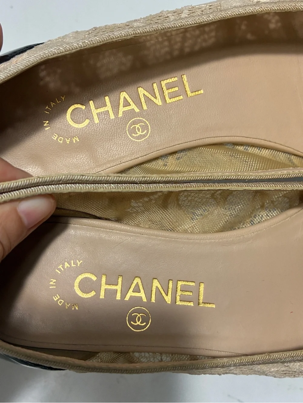 CHANEL Beige Lace Ballet Flats with Black Patent Cap Toe and Bow